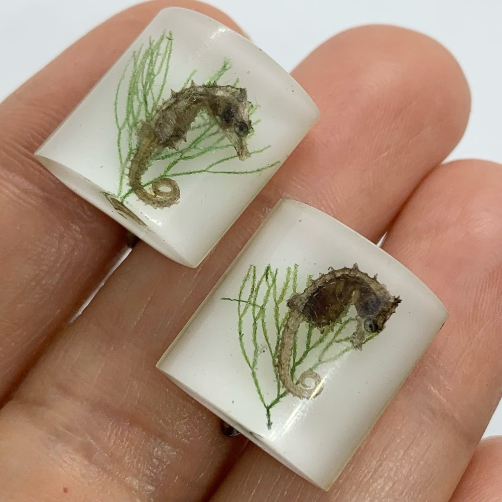 VINTAGE SEAHORSE SEAWEED NATURE ORGANIC CLEAR LUCITE WEDGE EARRINGS SCREW-ON